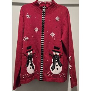 Mandal Bay‎ Ugly Christmas Sweater Red Snowman Winter Holiday Zip Up Festive LG